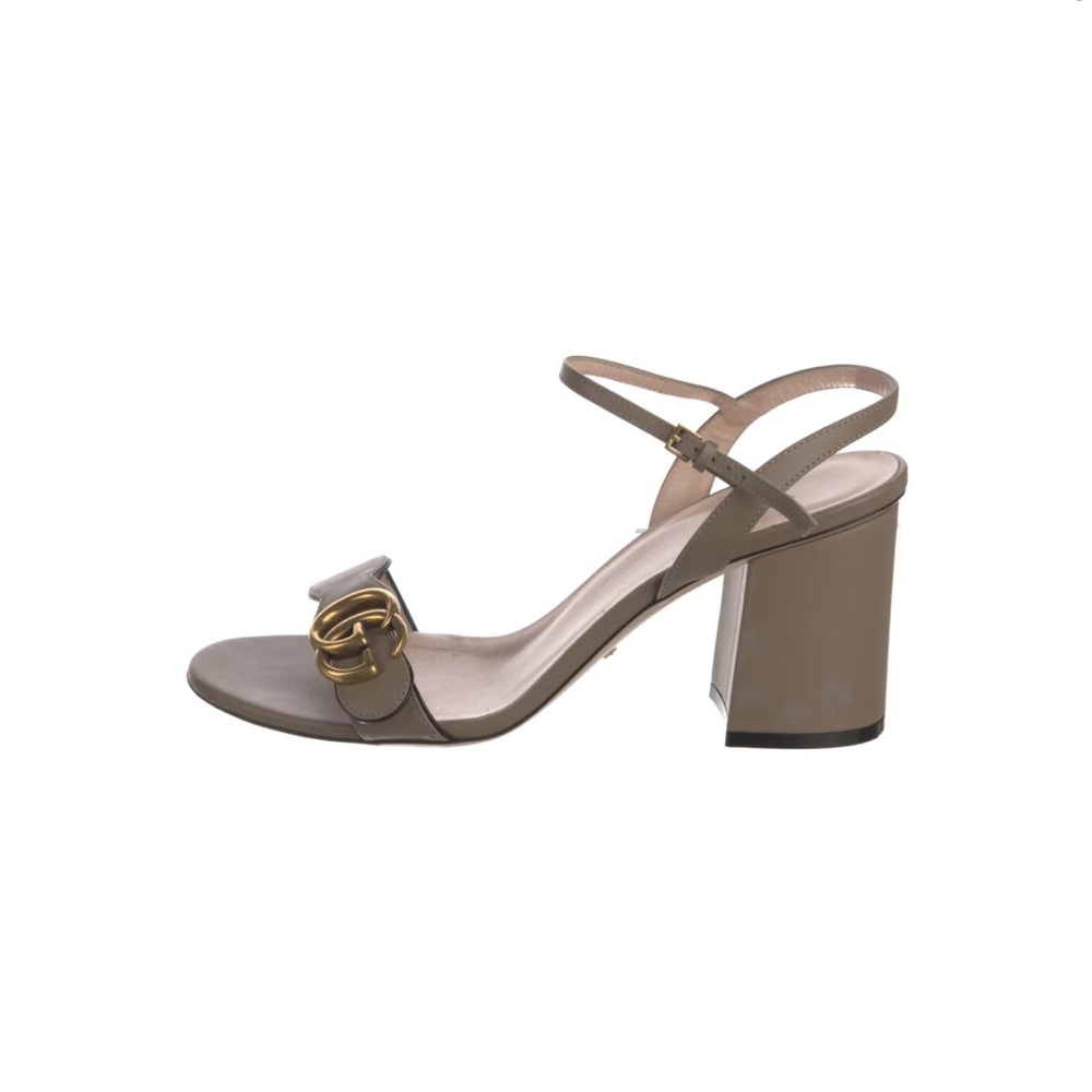 Gucci Taupe Block Heel Sandals with Gold Accent
